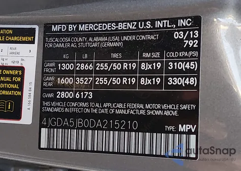 2013 Mercedes-Benz Ml 350 из США, поврежденный, VIN 4JGDA5JB0DA215210